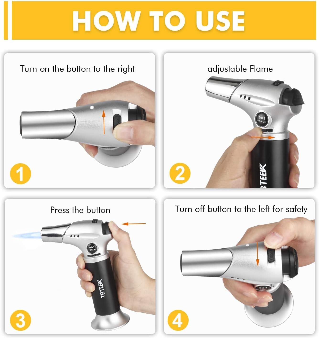 TBTeek Torch Lighter - Butane Kitchen Torch with Safety Lock & Adjustable Flame | 180ml Fuel Included