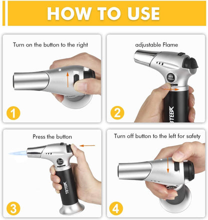 TBTeek Torch Lighter - Butane Kitchen Torch with Safety Lock & Adjustable Flame | 180ml Fuel Included