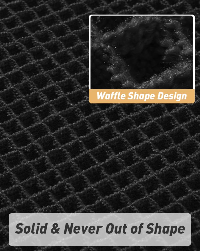 Upgraded Waffle Bath Mats Set of 2, Super Absorbent Non Slip Bath Mats for Bathroom Floor, Washable Boho Bathroom Rugs Set 2 Piece with Tassels, Soft Bathroom Mat Set, 18" x 30" (2 Pack), Black