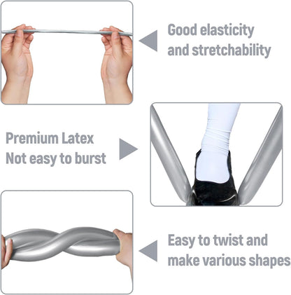 Skiennix 100Pcs Metallic Silver Long Balloons - Skinny Latex Twisting Balloons for Animal Modeling & Party Decor