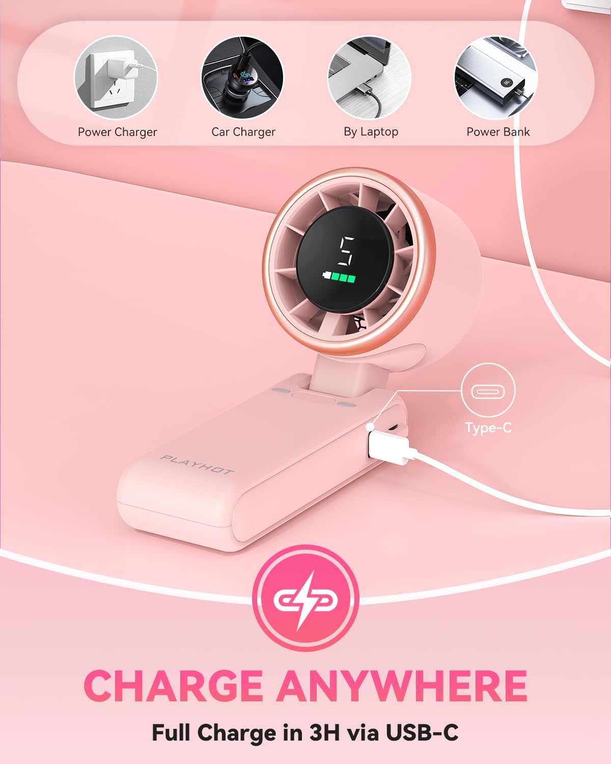 PlayHot Portable Handheld Turbo Fan - 5-Speed Rechargeable 5000mAh Battery | Lightweight 0.6lb 3-in-1 Fan (Pink)