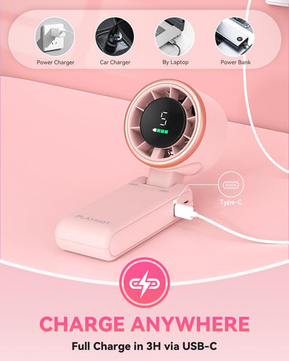 PlayHot Portable Handheld Turbo Fan - 5-Speed Rechargeable 5000mAh Battery | Lightweight 0.6lb 3-in-1 Fan (Pink)
