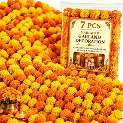 7Pcs Artificial Marigold Garland 5 Feet for Diwali Decor Home & Event