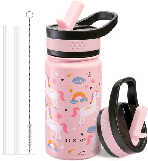 BUZIO Kids Water Bottle - Insulated 14oz Stainless Steel Thermo Cup with Straw Lid | Pink Unicorn Design