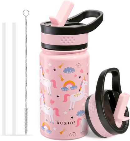 BUZIO Kids Water Bottle - Insulated 14oz Stainless Steel Thermo Cup with Straw Lid | Pink Unicorn Design