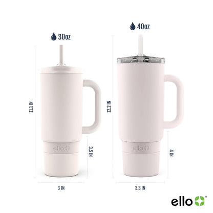 Ello Port 30oz Tumbler with Carry Loop & Integrated Handle | Vacuum Insulated Stainless Steel Reusable Water Bottle Travel Mug | Leak Proof Lid | Flexible Straw | BPA-Free | Dishwasher Safe | Cream