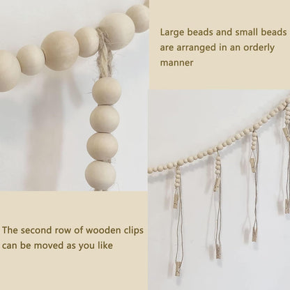 Wooden Bead Garland Photo Display | 22 Clip Boho Style Collage Frame for Dorms & Bedrooms