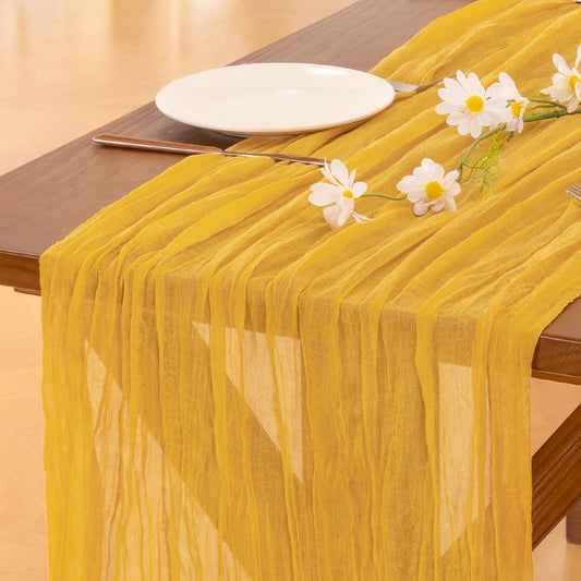 Socomi Cheesecloth Table Runner - 3pcs Gold Yellow Boho Rustic Design | 120 Inch for Weddings & Parties