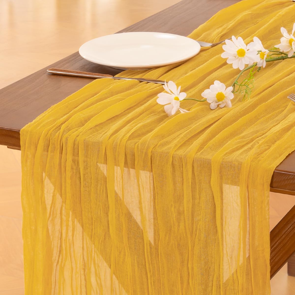 Socomi Cheesecloth Table Runner - 120 Inch Gold Yellow Boho Rustic Sheer Decor for Weddings & Events