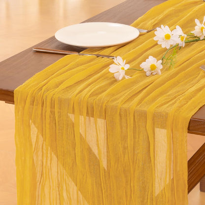 Socomi Cheesecloth Table Runner - 120 Inch Gold Yellow Boho Rustic Sheer Decor for Weddings & Events