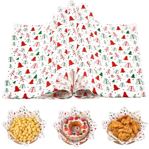 Christmas Wax Paper Sheets - Food-Grade, 10x10 Inches with Christmas Tree Pattern, 100 Sheets