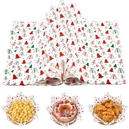 Christmas Wax Paper Sheets - Food-Grade, 10x10 Inches with Christmas Tree Pattern, 100 Sheets