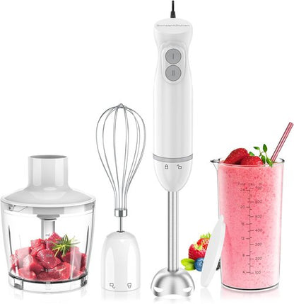 Bonsenkitchen Immersion Blender - 4-In-1 Handheld Stick Mixer with Whisk & Chopper Bowl - White