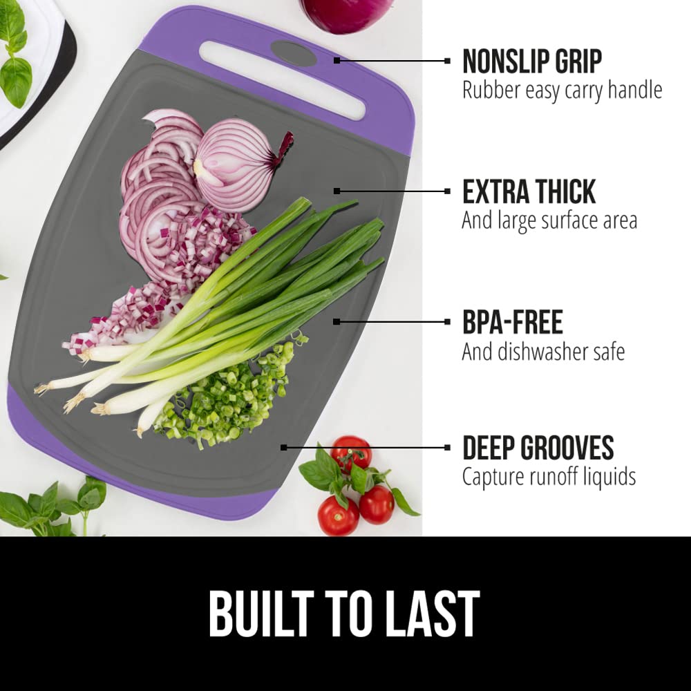 The Original Gorilla Grip Oversized 100% BPA Free Reversible Durable Kitchen Cutting Board Set of 3, Juice Grooves, Dishwasher Safe, Easy Grip Handle Border, Food Chopping Boards, Cooking, Purple Gray