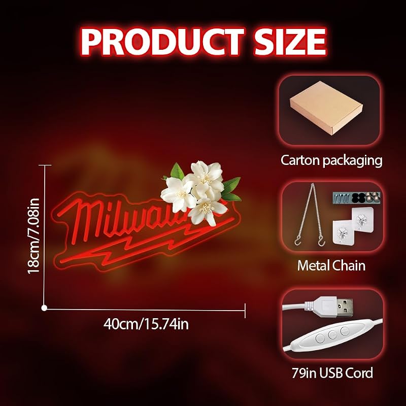 Red Neon Sign 15x7 in LED Wall Light - Milwaukee Style, Dimmable, USB Powered, Shop Display (Variation: D-Mierwoji)