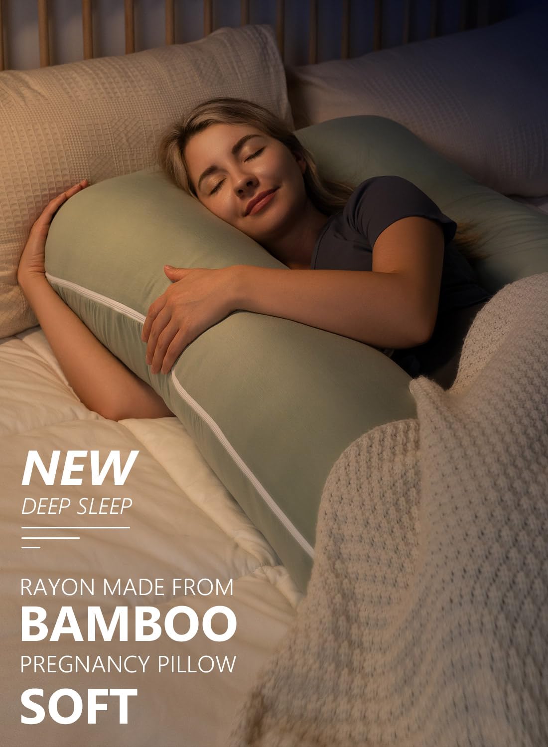 Meiz U-Shaped Pregnancy Pillow - Cooling Maternity Body Pillow for Comfort | 55 Inch Sage Green Rayon Cover