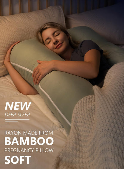 Meiz U-Shaped Pregnancy Pillow - Cooling Maternity Body Pillow for Comfort | 55 Inch Sage Green Rayon Cover
