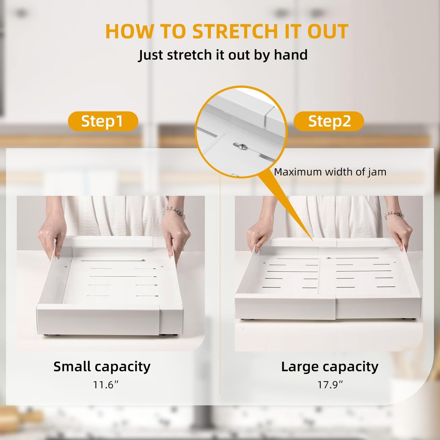 Pull out Cabinet Organizer, Expandable(11.6"-17.9") Heavy Duty Slide out Drawers Fixed with Adhesive Nano Film, Cabinet Organizer for Kitchen Base Cabinet, Pantry Bathroom Home (16.9" Deep)