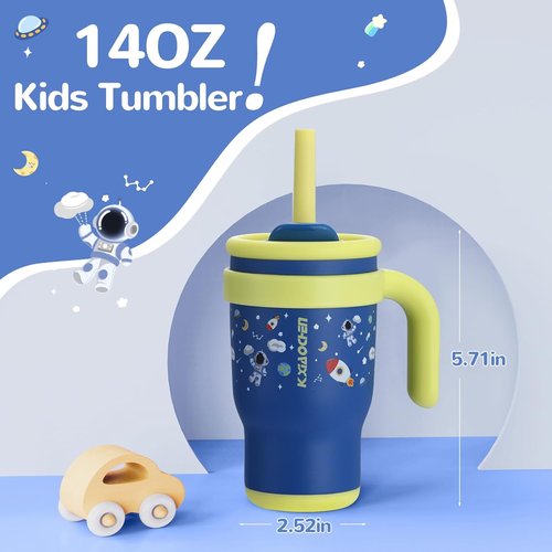 KXIAOCHEN Toddler Tumbler - Spill-Proof 14 Oz Insulated Stainless Steel | Keeps Drinks Cold 24 Hrs - Navy Blue Spaceman