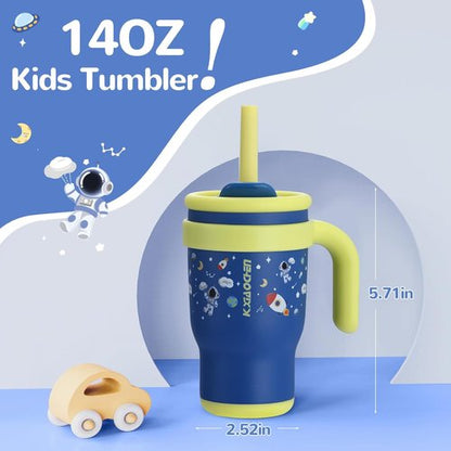 KXIAOCHEN Toddler Tumbler - Spill-Proof 14 Oz Insulated Stainless Steel | Keeps Drinks Cold 24 Hrs - Navy Blue Spaceman