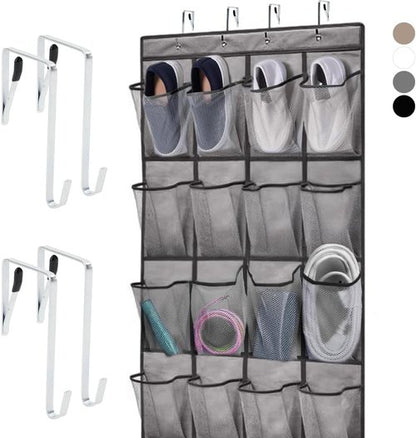 Home Genie Over The Door Shoe Organizer - 24 Breathable Mesh Pockets | Holds Up To 40 lbs, Gray
