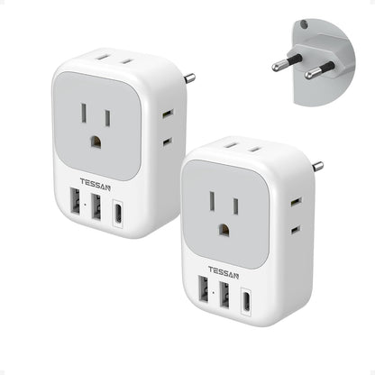 TESSAN European Plug Adapter - 4 Outlets & 3 USB Ports | Type C Travel Charger for Italy, Spain, France, Germany