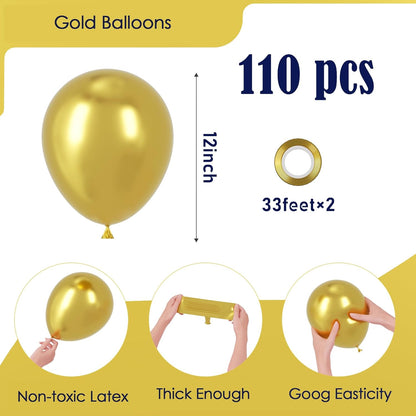 Voircoloria 110pcs Metallic Gold Balloons - 12 Inch Chrome Latex for Weddings, Birthdays & Celebrations