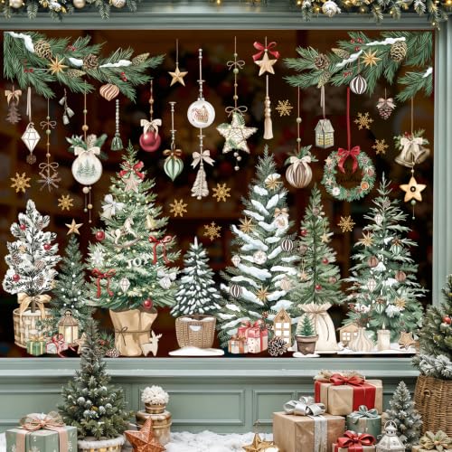 Christmas Window Clings Decals - Static Cling Xmas Trees & Balls, Boho Style