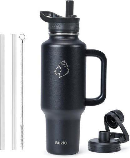BUZIO Insulated Water Bottle - 40oz Metal Travel Tumbler with Handle & Flip Straw | Leakproof & Dishwasher Safe, Black