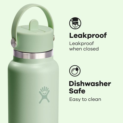 Hydro Flask Water Bottle - Insulated Stainless Steel with Wide Mouth Flex Straw Lid - 40 Oz Aloe Green