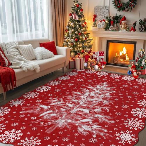 Christmas Area Rug 5x7 Snowflake & Tree - Washable Non-Slip Holiday Carpet