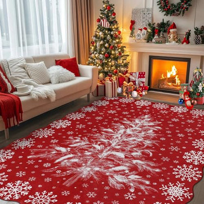 Christmas Area Rug 5x7 Snowflake & Tree - Washable Non-Slip Holiday Carpet