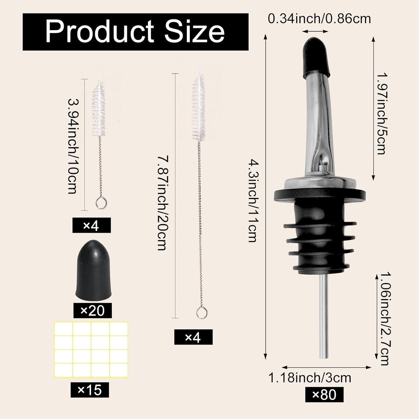 Stainless Steel Bottle Pourers Tapered Liquor Pourers with Rubber Dust Caps Tapered Pour Spouts for Liquor Bottles Vinegar Bottle Dispenser for Wine Oil Beer Drink Water Bar Supplies (80)