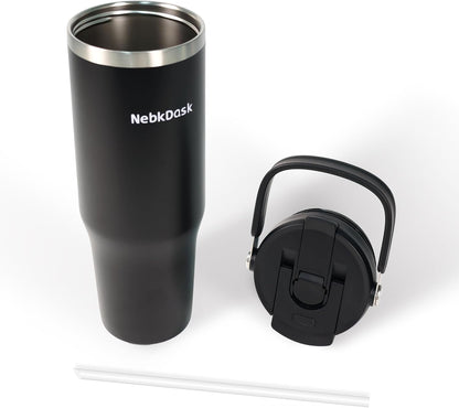 Skiennix 40 Oz Insulated Stainless Steel Water Bottle - 2-in-1 Straw & Spout Lid, Leak-Proof, Black