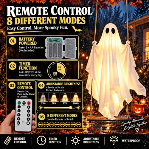 Outdoor Hanging Ghost Decor - 5FT Spooky Swinging Ghost for Halloween Yard