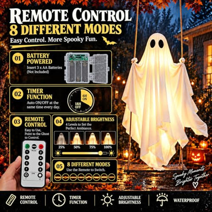 Outdoor Hanging Ghost Decor - 5FT Spooky Swinging Ghost for Halloween Yard