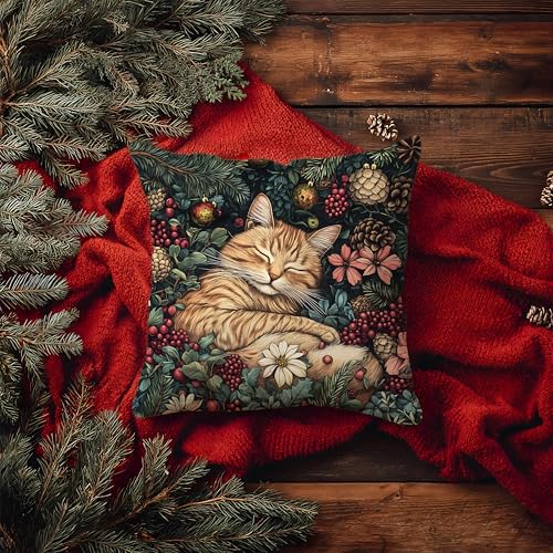 E-Tabby Cat Christmas Decor Pillow Cover 18x18 Rustic Floral Holiday Throw Pillow