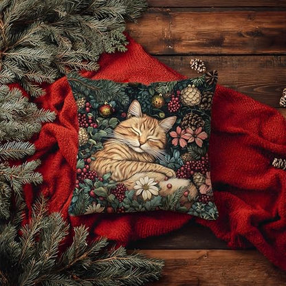 E-Tabby Cat Christmas Decor Pillow Cover 18x18 Rustic Floral Holiday Throw Pillow
