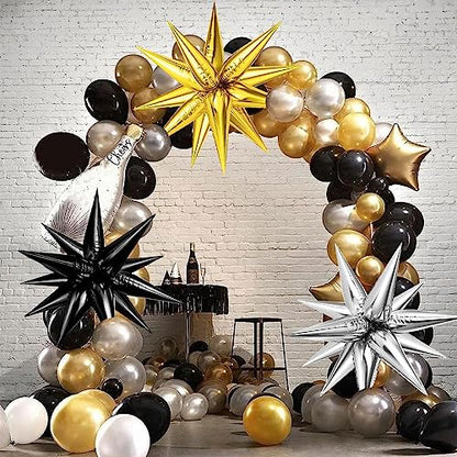 Black Gold Silver Foil Star Balloons Set - Conical Explosion Party Decor - Variation of THIS listing