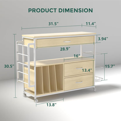 Skiennix Wrapping Paper Organizer - Stylish Craft Cart with Ribbon & Gift Bag Storage | Oak Finish, 3 Drawers