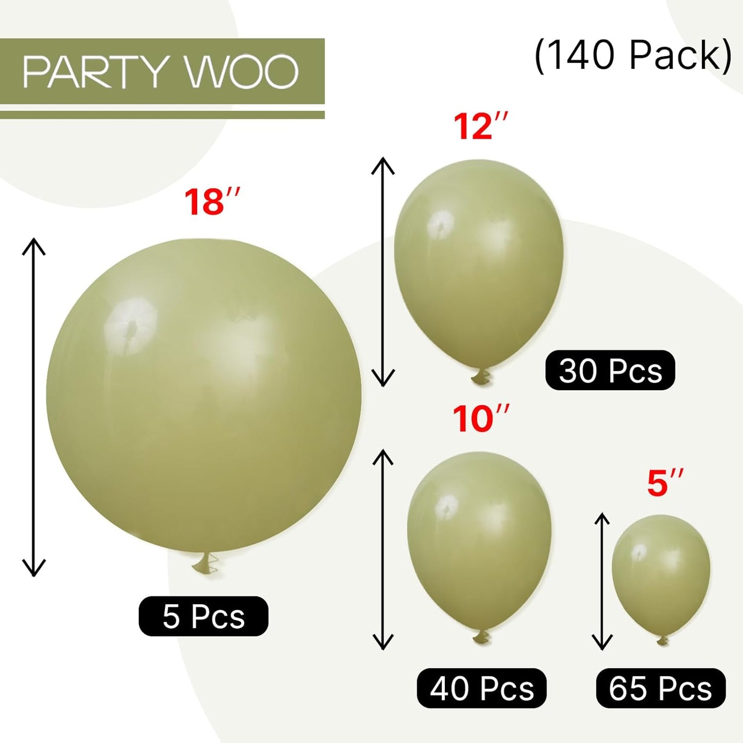 PartyWoo Sage Green Balloons - 140-Piece Latex Balloon Arch Kit for Weddings & Birthdays | Olive Boho Decor