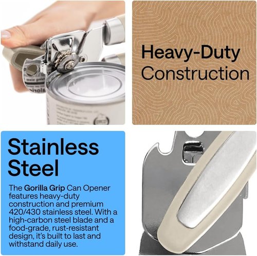 GORILLA GRIP Heavy Duty Can Opener - Smooth Edge Design with Comfortable Handle | Oversized Knob, Almond