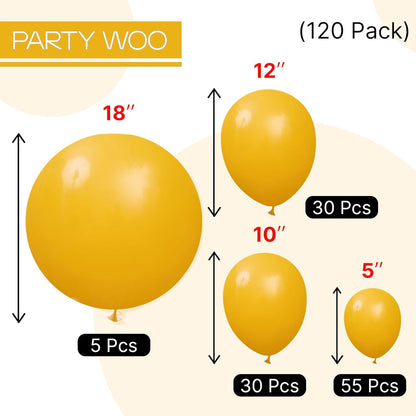 PartyWoo Mustard Yellow Balloons - 120pcs Boho Neutral Fall Balloon Arch Kit | 18", 12", 10", 5" Sizes for Birthday & Baby Shower Decor
