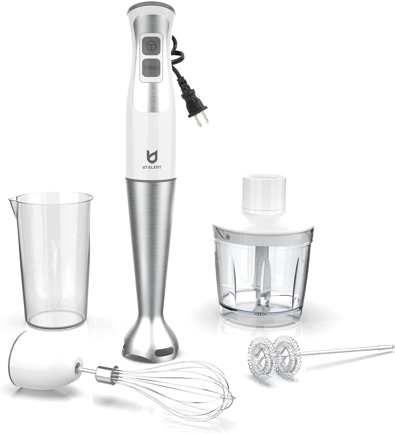 UTALENT Immersion Blender - 5-in-1 8-Speed with Food Grinder, Milk Frother & Egg Whisk - White