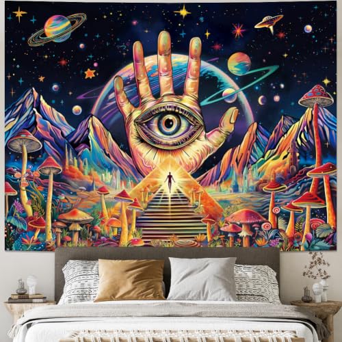 Blacklight Trippy Eye Tapestry UV Reactive Hamsa Hand Evil Eye Decor 59.1"L x 51.2"W