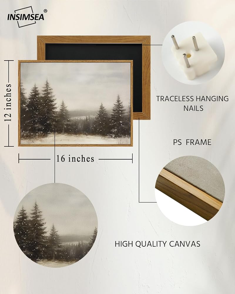 Pine Tree Forest Framed Canvas Wall Art 12x16 Inch – Winter Christmas Living Room Decor
