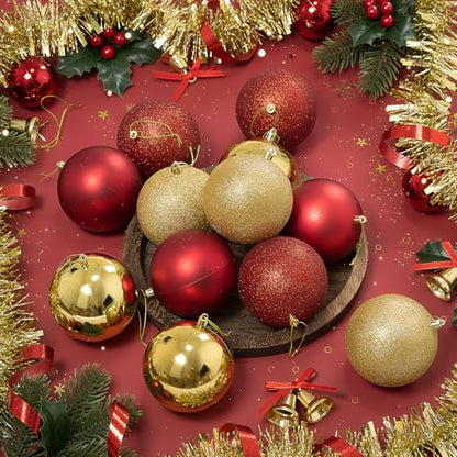 Large Christmas Ball Ornaments Set - Red & Gold 4 Inch, 12 Pack - Shatterproof & Textured