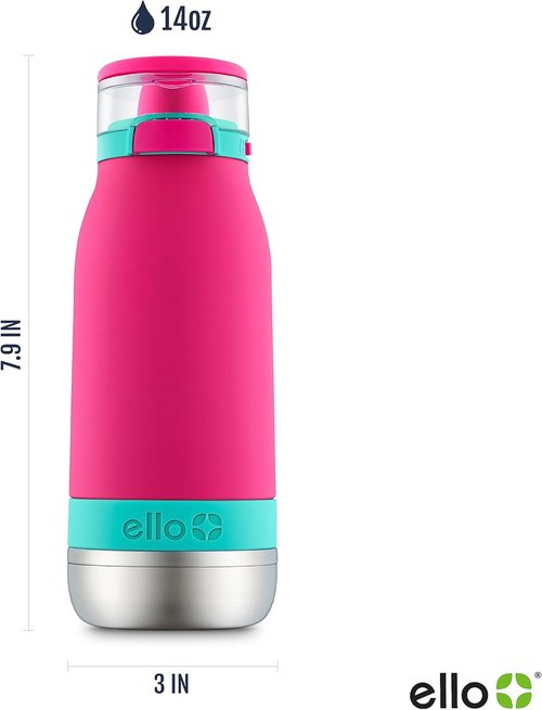Ello Emma 14oz Vacuum Insulated Kids Water Bottle - Straw, Leak-Proof Lid & Carrying Handle