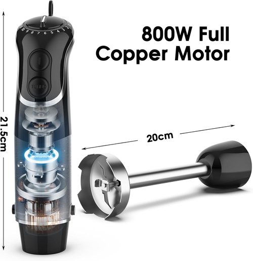 Blackcow Corded Immersion Blender - Stainless Steel Handheld Mixer with 12-Speed & Turbo for Smoothies, Soups, and Baby Food