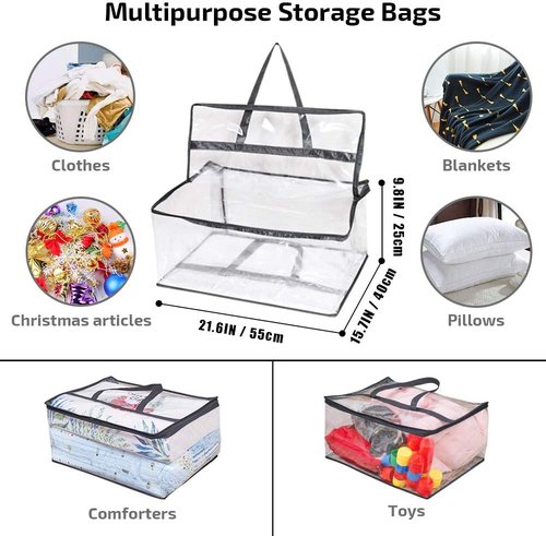 Clear Clothes Storage Bag Organizer - Reinforced Handle Vinyl Totes for Comforters & Bedding | 3 Pack, 55L, Black